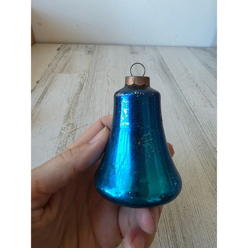 Vintage pre world war II? Blue Glass Bell ornament Xmas large tree